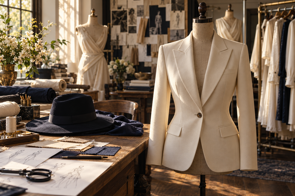 Cream tailored blazer in a sunlit fashion atelier